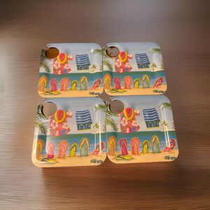 Dennis East Lot Of 4 Beach Flip Flops 8” Square Melamine Plates Wine Glass Notch